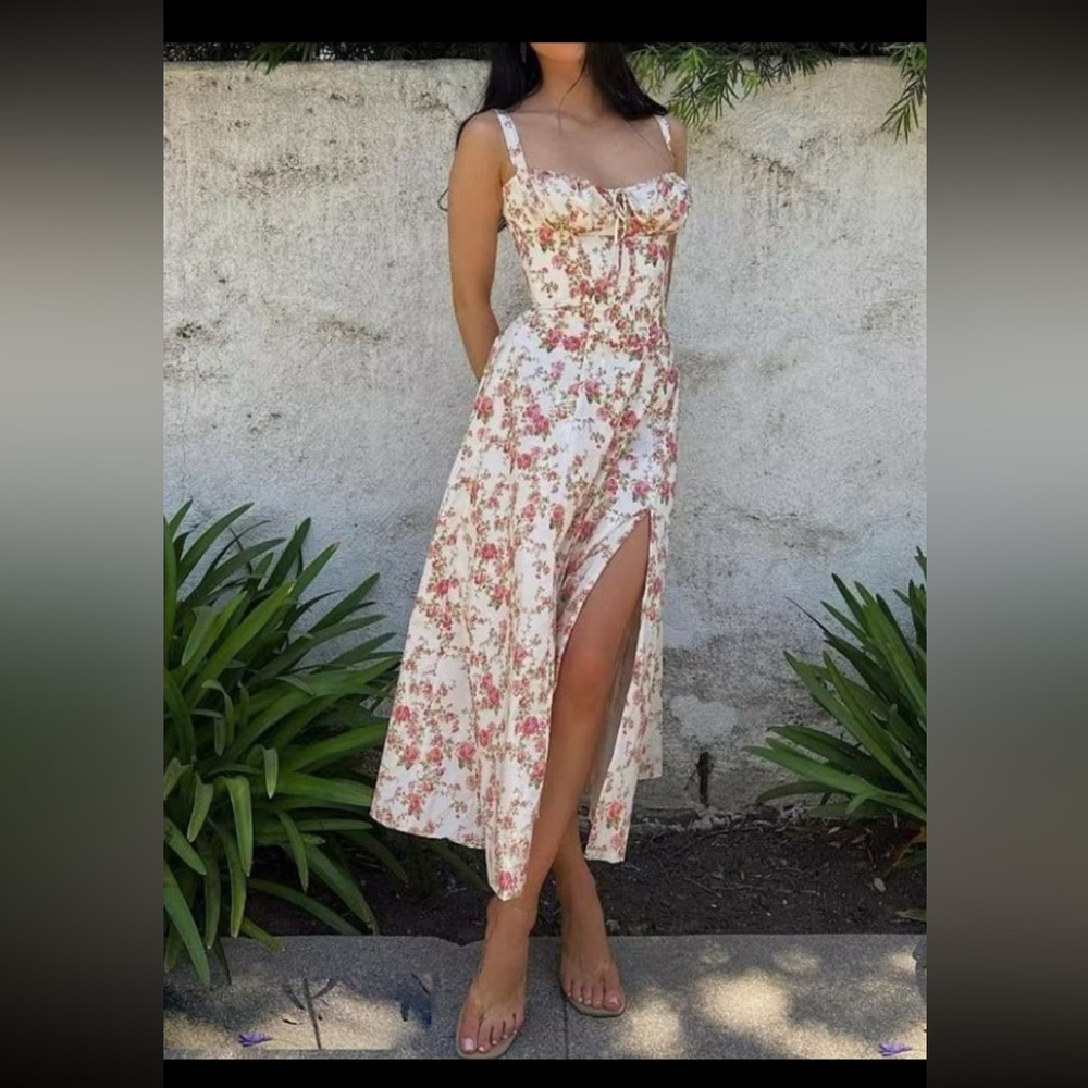 Commense Red and Pink Pleated Midi Sundress